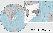 Gray Location Map of Monapo, highlighted country, highlighted parent region, hill shading