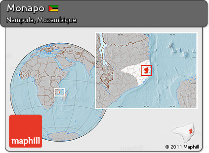 Gray Location Map of Monapo, highlighted parent region, hill shading