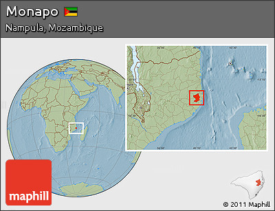 Savanna Style Location Map of Monapo, hill shading