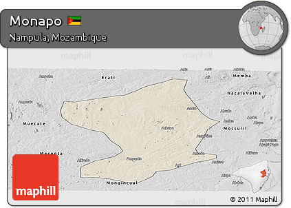 Shaded Relief Panoramic Map of Monapo, desaturated