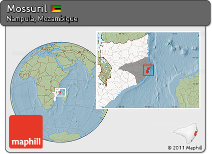 Savanna Style Location Map of Mossuril, highlighted country, highlighted parent region, hill shading