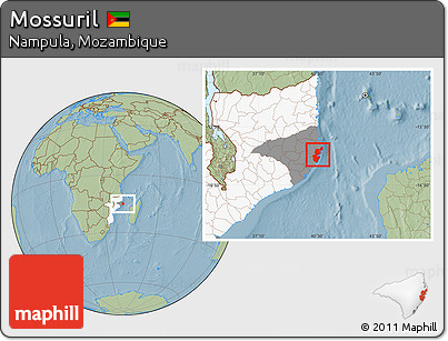 Savanna Style Location Map of Mossuril, highlighted country, highlighted parent region, hill shading