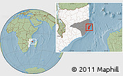Savanna Style Location Map of Mossuril, highlighted country, highlighted parent region, hill shading