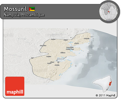 Shaded Relief Panoramic Map of Mossuril, lighten, semi-desaturated