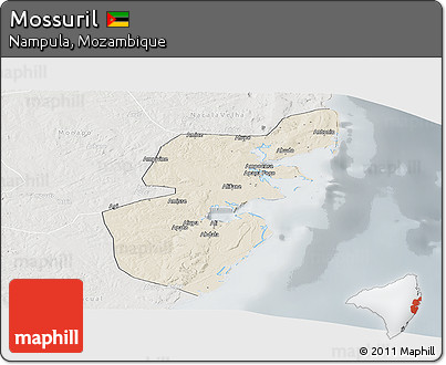 Shaded Relief Panoramic Map of Mossuril, lighten, semi-desaturated