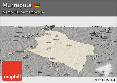Shaded Relief Panoramic Map of Murrupula, darken, semi-desaturated