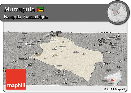 Shaded Relief Panoramic Map of Murrupula, darken, semi-desaturated