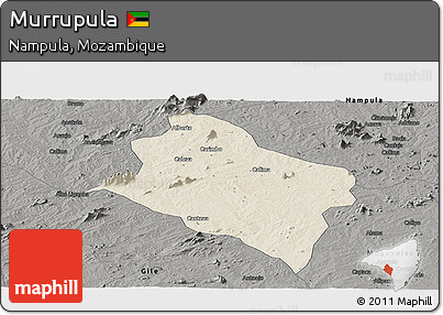 Shaded Relief Panoramic Map of Murrupula, darken, semi-desaturated