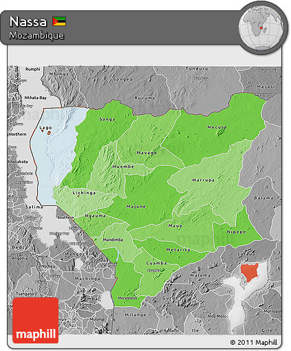 Political Shades 3D Map of Nassa, desaturated
