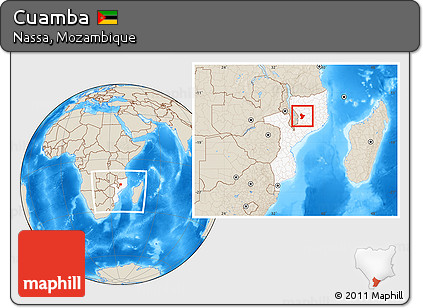 Shaded Relief Location Map of Cuamba, highlighted country, within the entire country
