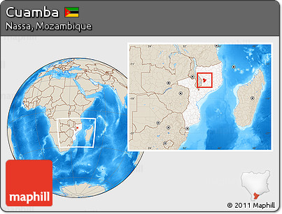 Shaded Relief Location Map of Cuamba, highlighted country, within the entire country