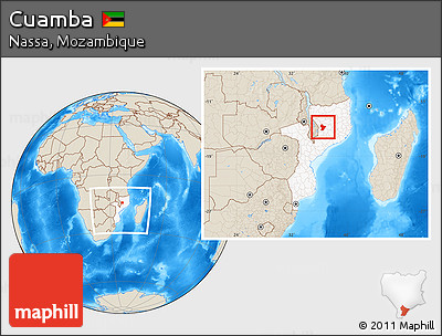 Shaded Relief Location Map of Cuamba, highlighted country, within the entire country