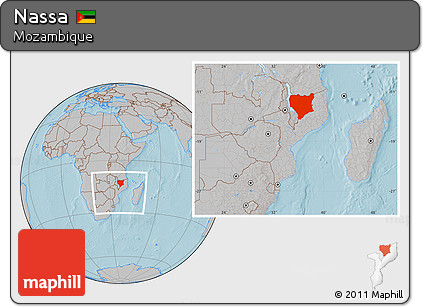 Gray Location Map of Nassa, within the entire country, hill shading