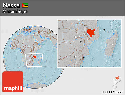 Gray Location Map of Nassa, within the entire country, hill shading