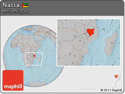 Gray Location Map of Nassa, within the entire country, hill shading