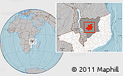 Gray Location Map of Majune, highlighted country, highlighted parent region, hill shading