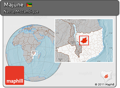 Gray Location Map of Majune, highlighted country, hill shading
