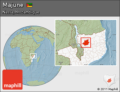 Savanna Style Location Map of Majune, highlighted country, hill shading