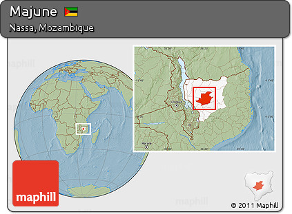 Savanna Style Location Map of Majune, highlighted parent region, hill shading