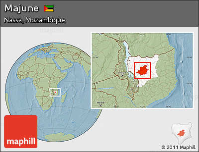 Savanna Style Location Map of Majune, highlighted parent region, hill shading