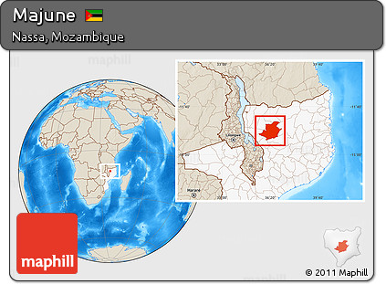 Shaded Relief Location Map of Majune, highlighted country