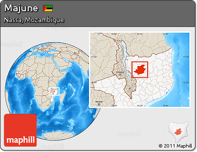Shaded Relief Location Map of Majune, highlighted country