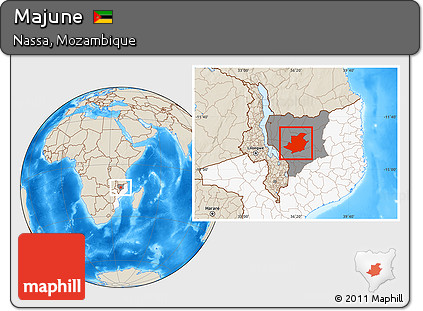 Shaded Relief Location Map of Majune, highlighted country, highlighted parent region