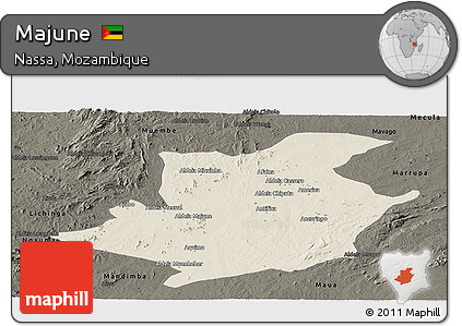 Shaded Relief Panoramic Map of Majune, darken