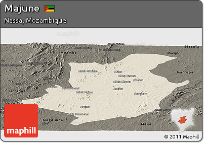 Shaded Relief Panoramic Map of Majune, darken