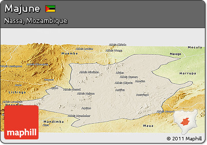 Shaded Relief Panoramic Map of Majune, physical outside