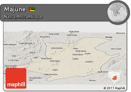 Shaded Relief Panoramic Map of Majune, semi-desaturated