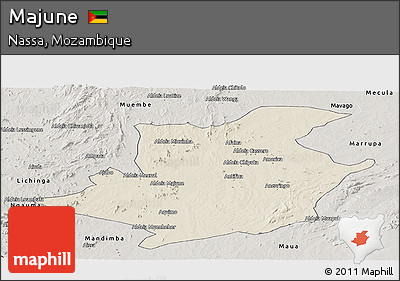 Shaded Relief Panoramic Map of Majune, semi-desaturated