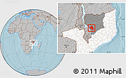 Gray Location Map of Mandimba, highlighted country, highlighted parent region, hill shading