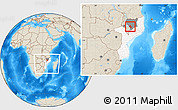 Shaded Relief Location Map of Mandimba, highlighted country, highlighted parent region, within the entire country