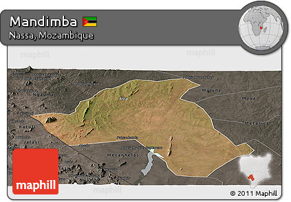 Satellite Panoramic Map of Mandimba, darken, semi-desaturated