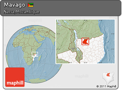 Savanna Style Location Map of Mavago, highlighted country, hill shading
