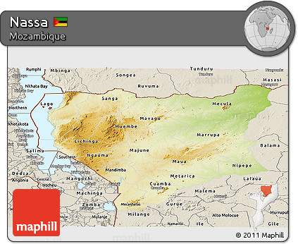 Physical Panoramic Map of Nassa, shaded relief outside