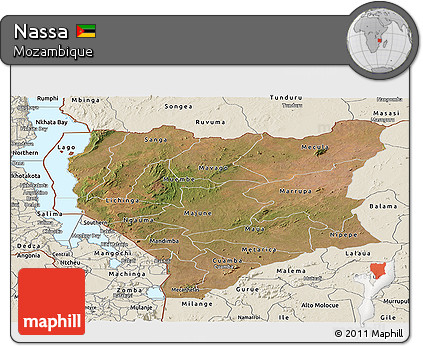 Satellite Panoramic Map of Nassa, shaded relief outside