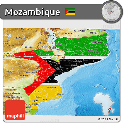 Flag Panoramic Map of Mozambique, physical outside, bathymetry sea