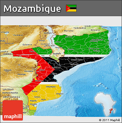Flag Panoramic Map of Mozambique, physical outside, bathymetry sea
