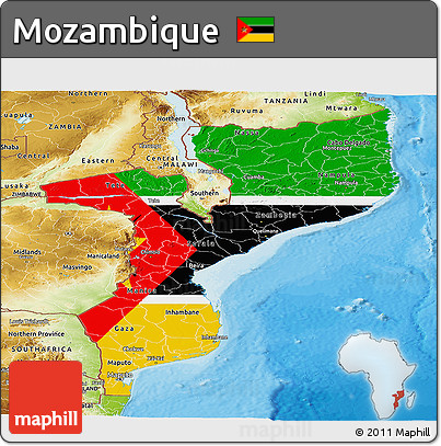 Flag Panoramic Map of Mozambique, physical outside, bathymetry sea