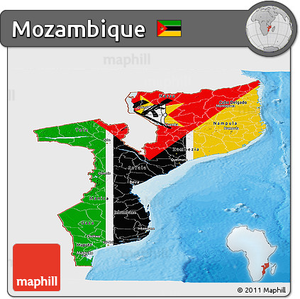 Flag Panoramic Map of Mozambique, single color outside, bathymetry sea, shaded relief sea, flag rotated