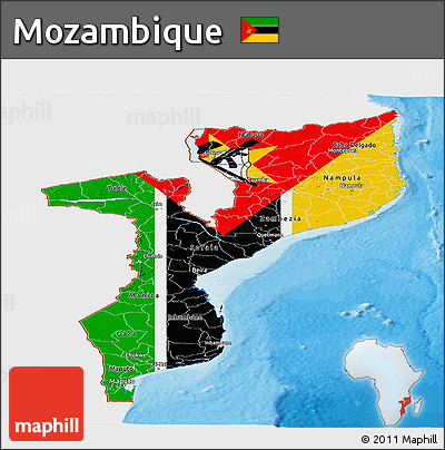 Flag Panoramic Map of Mozambique, single color outside, bathymetry sea, shaded relief sea, flag rotated