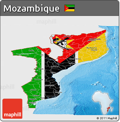 Flag Panoramic Map of Mozambique, single color outside, bathymetry sea, shaded relief sea, flag rotated