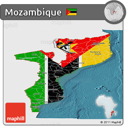 Flag Panoramic Map of Mozambique, single color outside, satellite sea, flag rotated