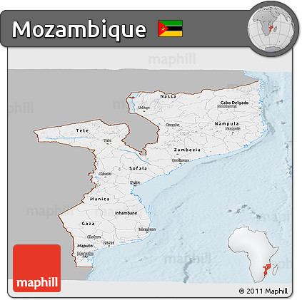 Gray Panoramic Map of Mozambique, single color outside