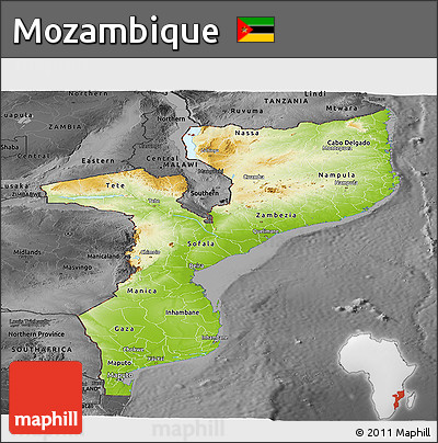 Physical Panoramic Map of Mozambique, darken, desaturated