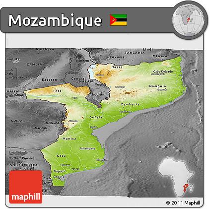Physical Panoramic Map of Mozambique, darken, desaturated