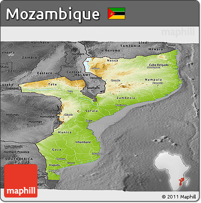 Physical Panoramic Map of Mozambique, darken, desaturated