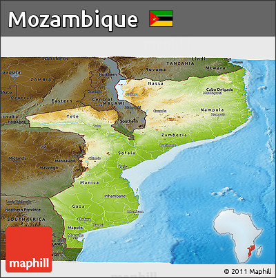 Physical Panoramic Map of Mozambique, darken, land only